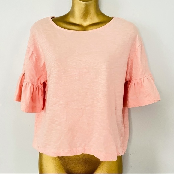 Pink Flounce Sleeve Top Ruffle Short Sleeve Blouse Size Small Casual Chic - Picture 2 of 6